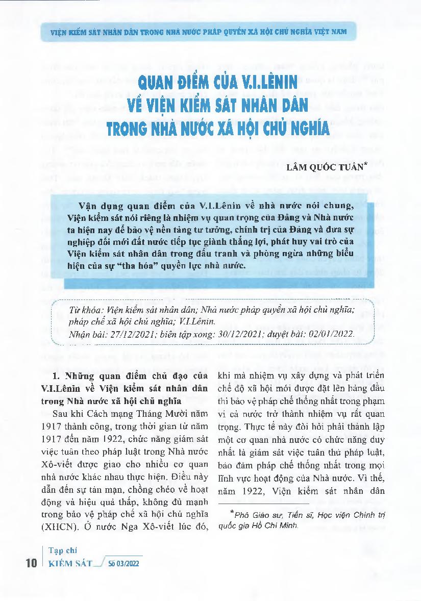 Quan điểm của V. I. Lênin về Viện kiểm sát nhân dân trong Nhà nước xã hội chủ nghĩa