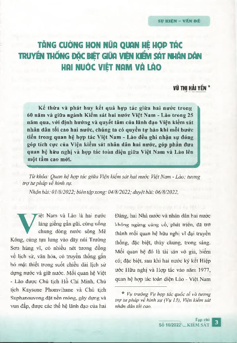 Tăng cường hơn nữa quan hệ hợp tác truyền thống đặc biệt giữa Viện kiểm sát nhân dân hai nước Việt Nam và Lào