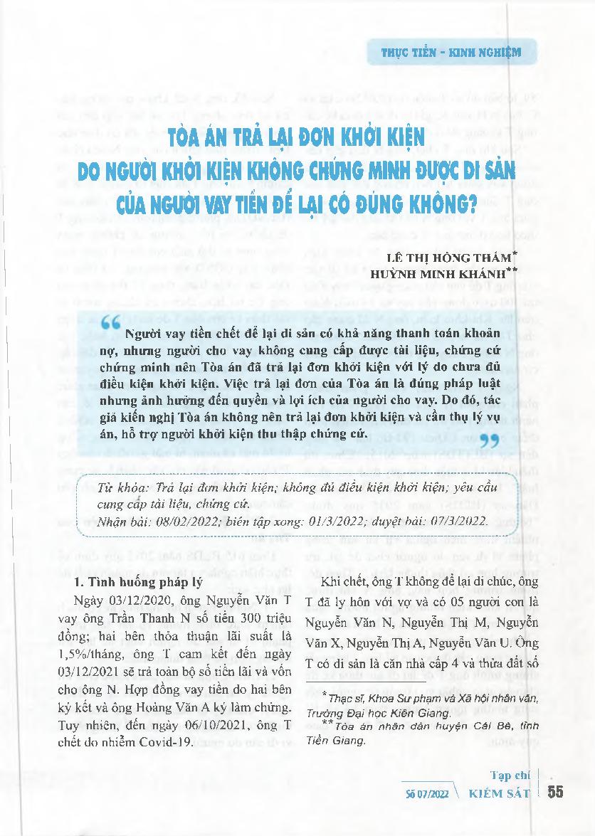 Tòa án trả lại đơn khởi kiện do người khởi kiện không chứng minh được di sản của người vay tiền để lại có đúng không?