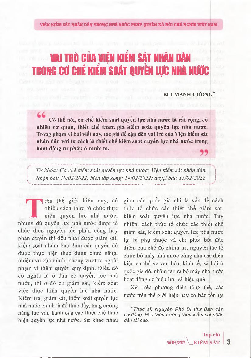 Vai trò của Viện kiểm sát nhân dân trong cơ chế kiểm soát quyền lực nhà nước