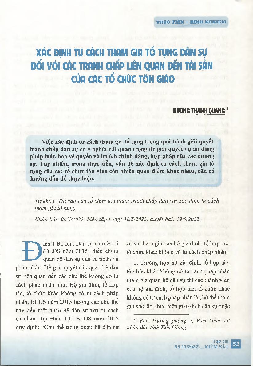 Xác định tư cách tham gia tố tụng dân sự đối với các tranh chấp liên quan đến tài sản của các tổ chức tôn giáo