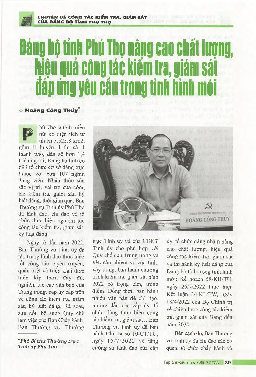 Đảng bộ tỉnh Phú Thọ nâng cao chất lượng, hiệu quả công tác kiểm tra, giám sát đáp ứng yêu cầu trong tình hình mới