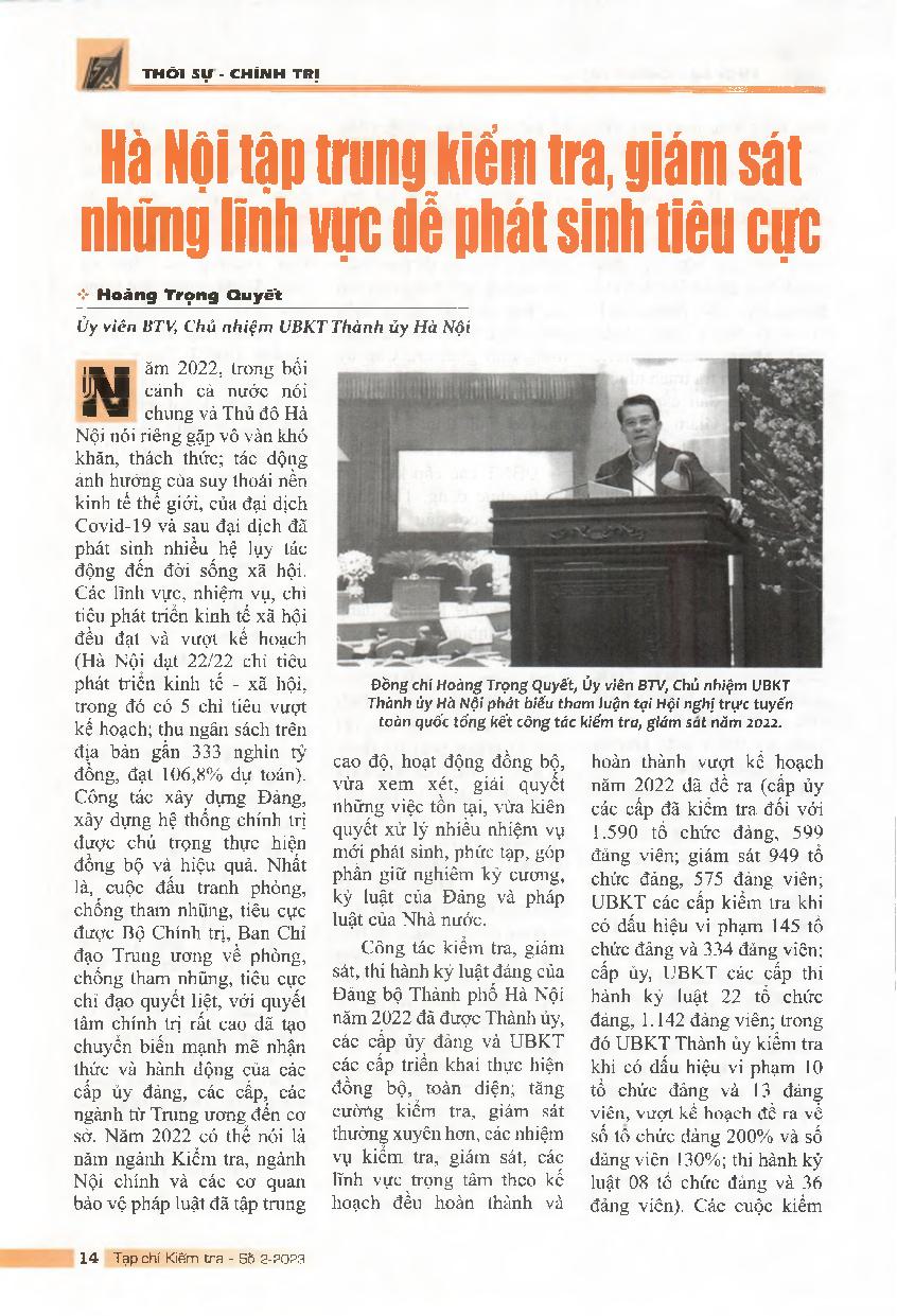 Hà Nội tập trung kiểm tra, giám sát những lĩnh vực dễ phát sinh tiêu cực