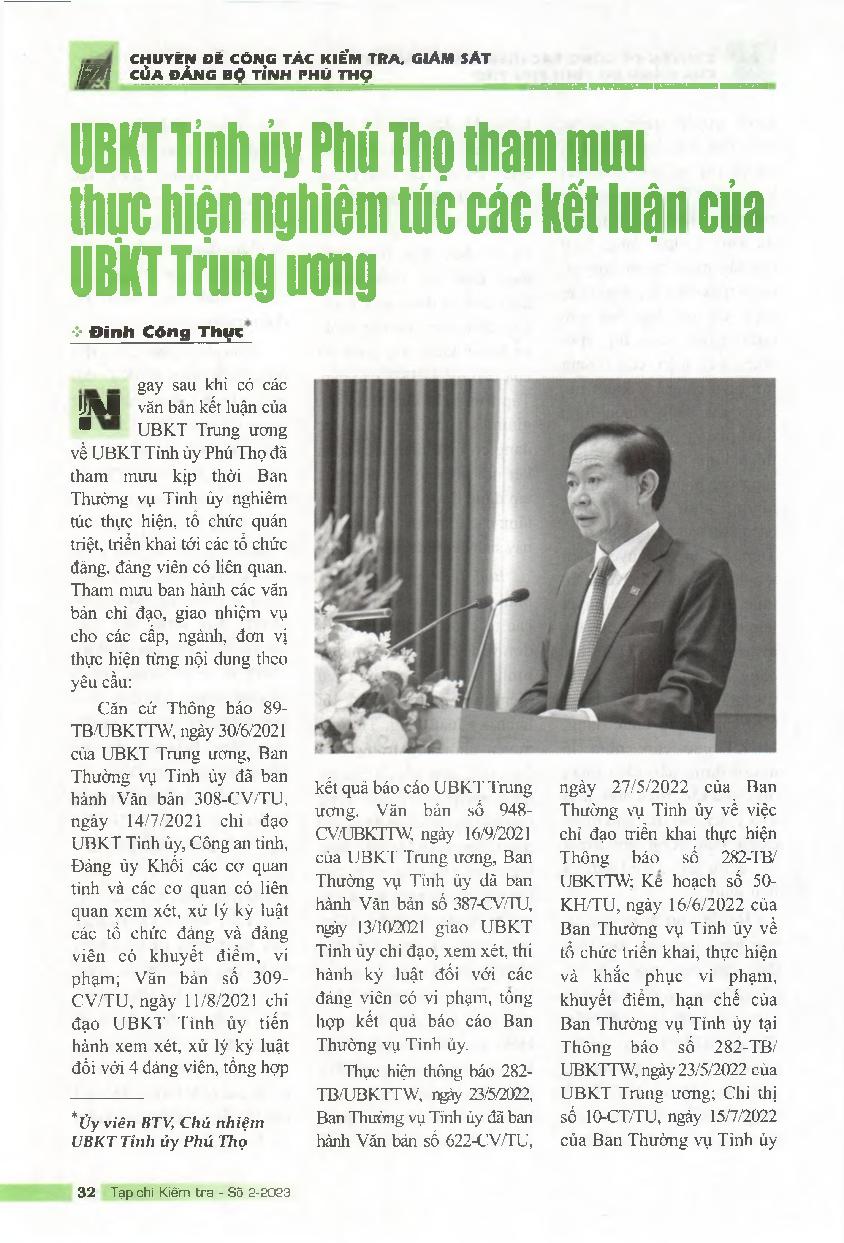 UBKT Tỉnh ủy Phú Thọ tham mưu thực hiện nghiêm túc các kết luận của UBKT Trung ương