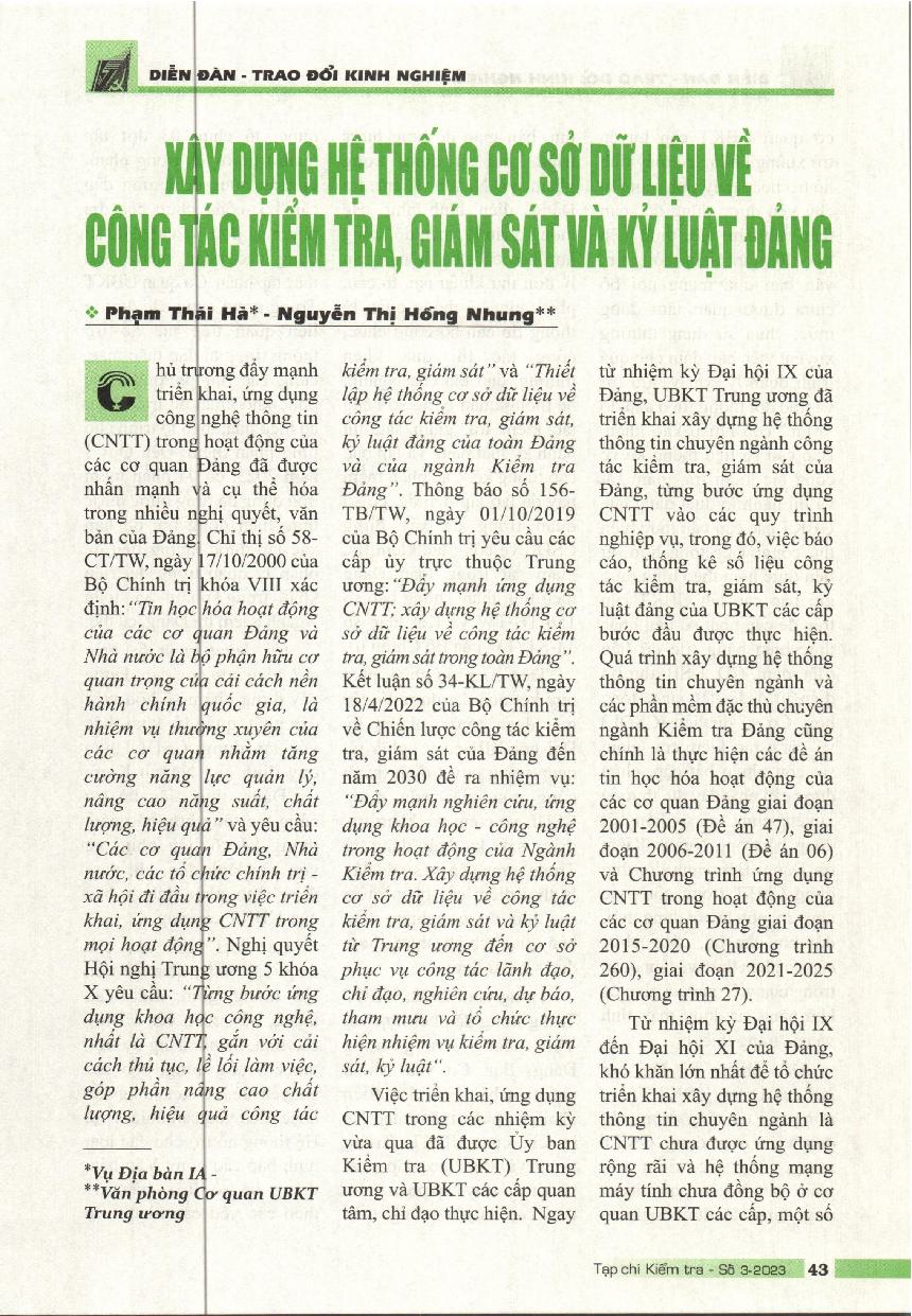 Xây dựng hệ thống cơ sở dữ liệu về công tác kiểm tra, giám sát và kỷ luật đảng