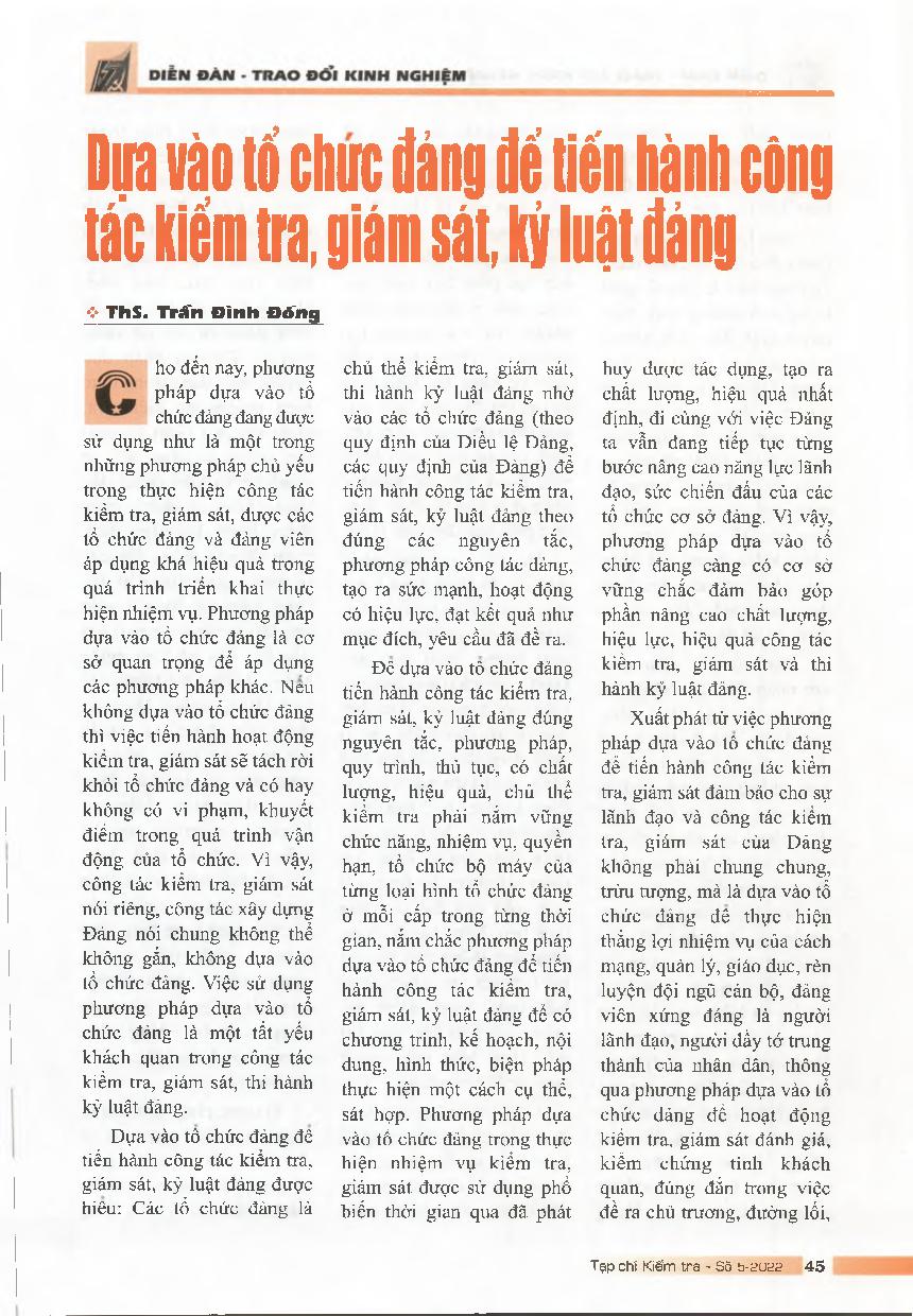 Dựa vào tổ chức đảng để tiến hành công tác kiểm tra, giám sát kỷ luật đảng