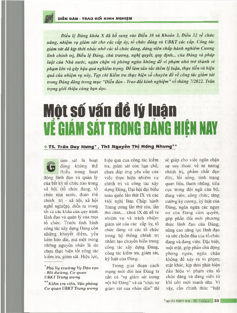 Một số vấn đế lý luận về giám sát trong Đảng hiện nay