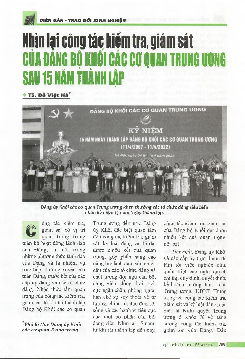 Nhìn lạl công tác kiểm tra, giám sát của Đảng bộ Khối các cơ quan Trung ương sau 15 năm thành lập