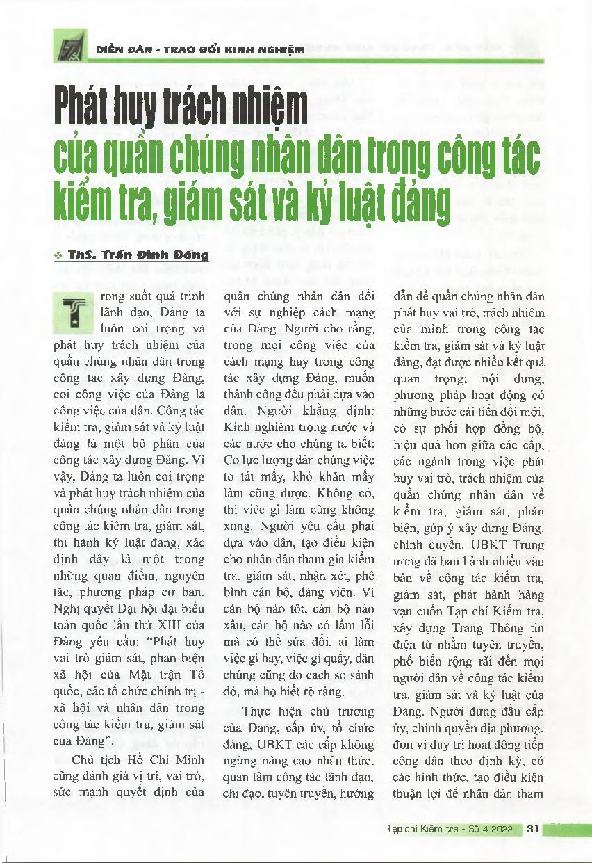 Phát huy trách nhiệm của quần chúng nhân dân trong công tác kiểm tra, giám sát và kỷ luật đảng