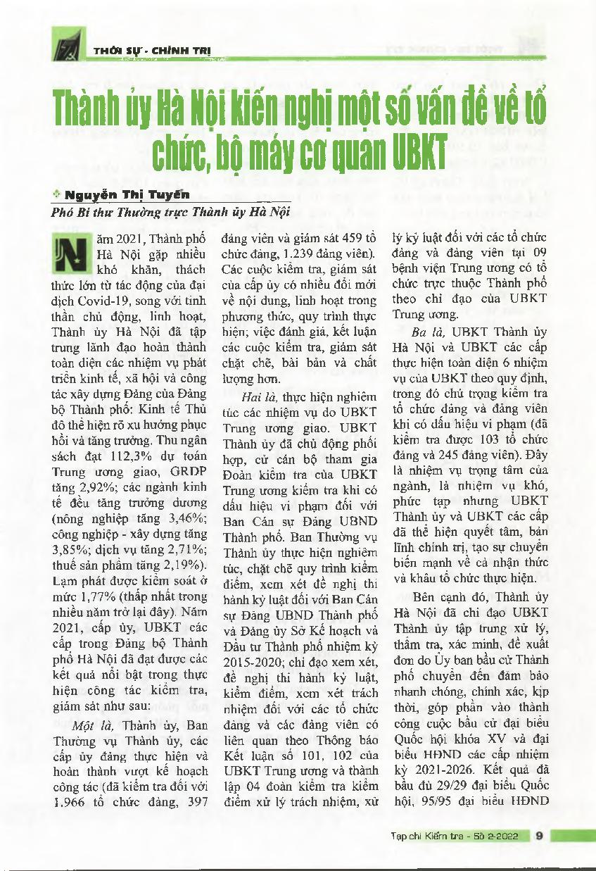 Thành ủy Hà Nội kiến nghị một số vấn đế về tổ chức, bộ máy Cơ quan UBKT