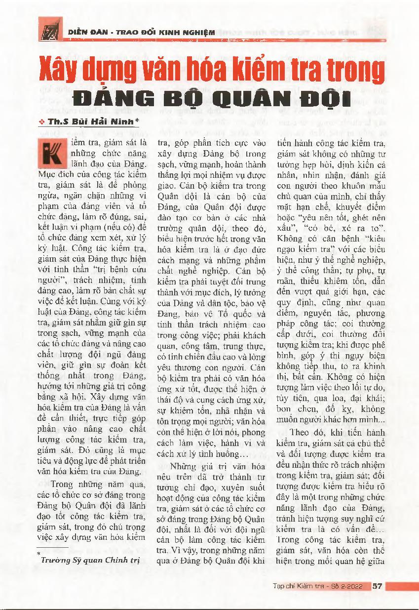 Xây dựng văn hóa kiểm tra trong Đảng bộ Quân đội