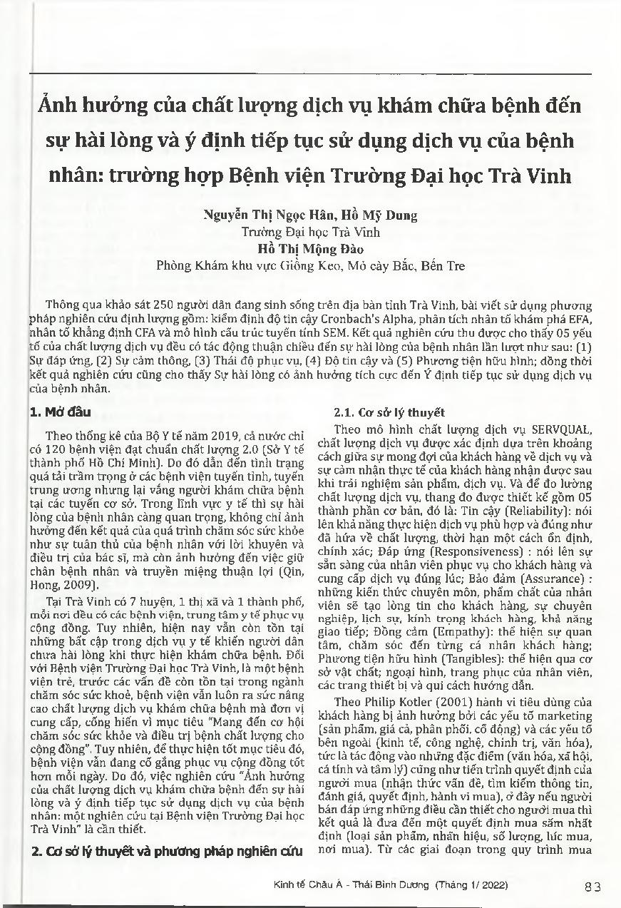 Ảnh hưởng của chất lượng dịch vụ khám chữa bệnh đến sự hài lòng và ý định tiếp tục sử dụng dịch vụ của bệnh nhân: trường hợp Bệnh viện Trường Đại học Trà Vinh