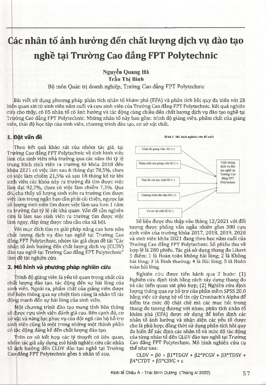Các nhân tố ảnh hưởng đến chất lượng dịch vụ đào tạo nghề tại Trường Cao đẳng FPT Polytechnic