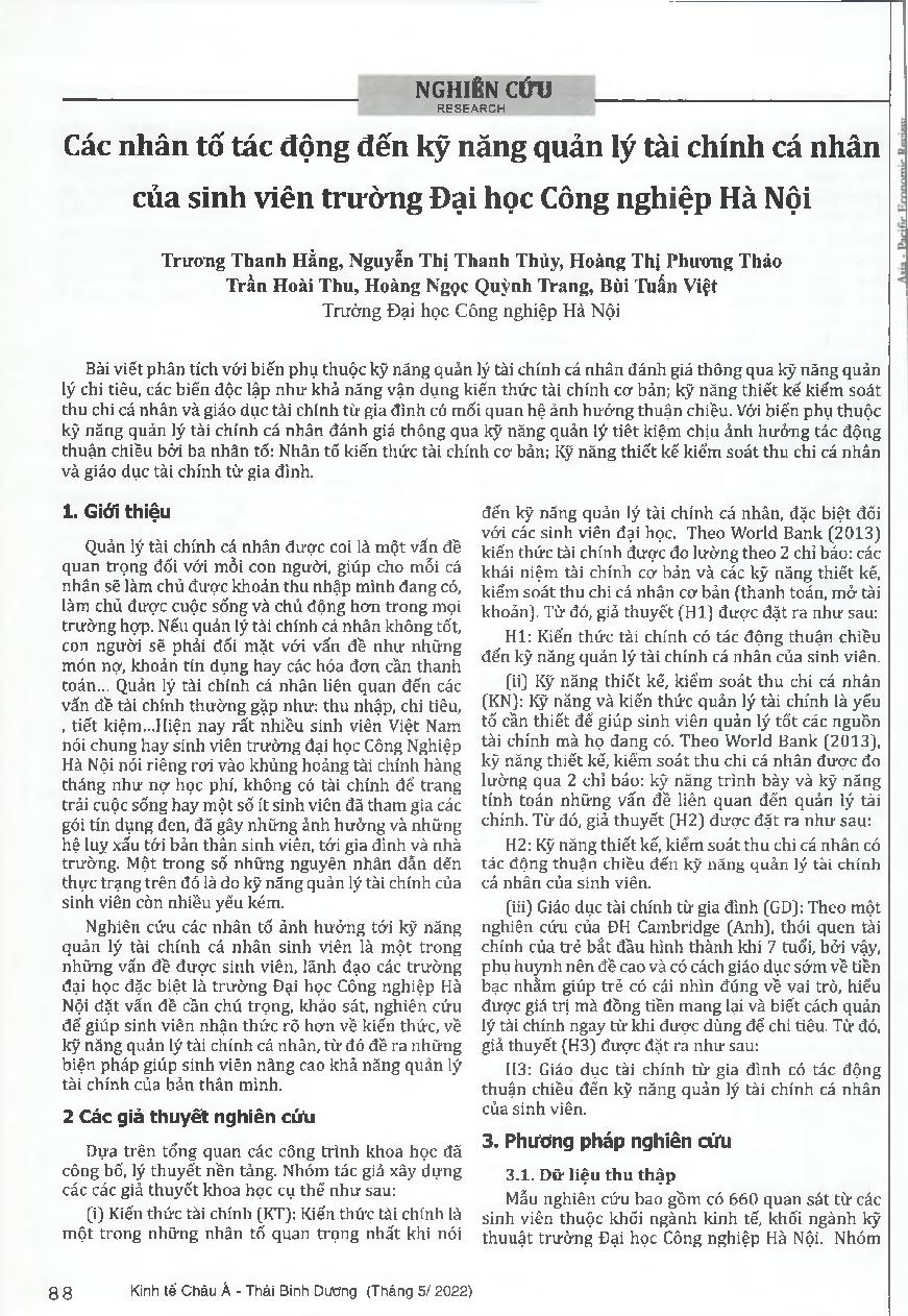 Các nhân tố tác động đến kỹ năng quản lý tài chính cá nhân của sinh viên trường Đại học Công nghiệp Hà Nội