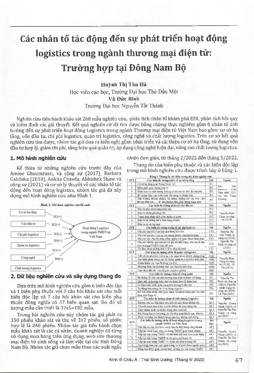 Các nhân tố tác động đến sự phát triển hoạt động logistics trong ngành thương mại điện tử: Trường hợp tại Đông Nam Bộ