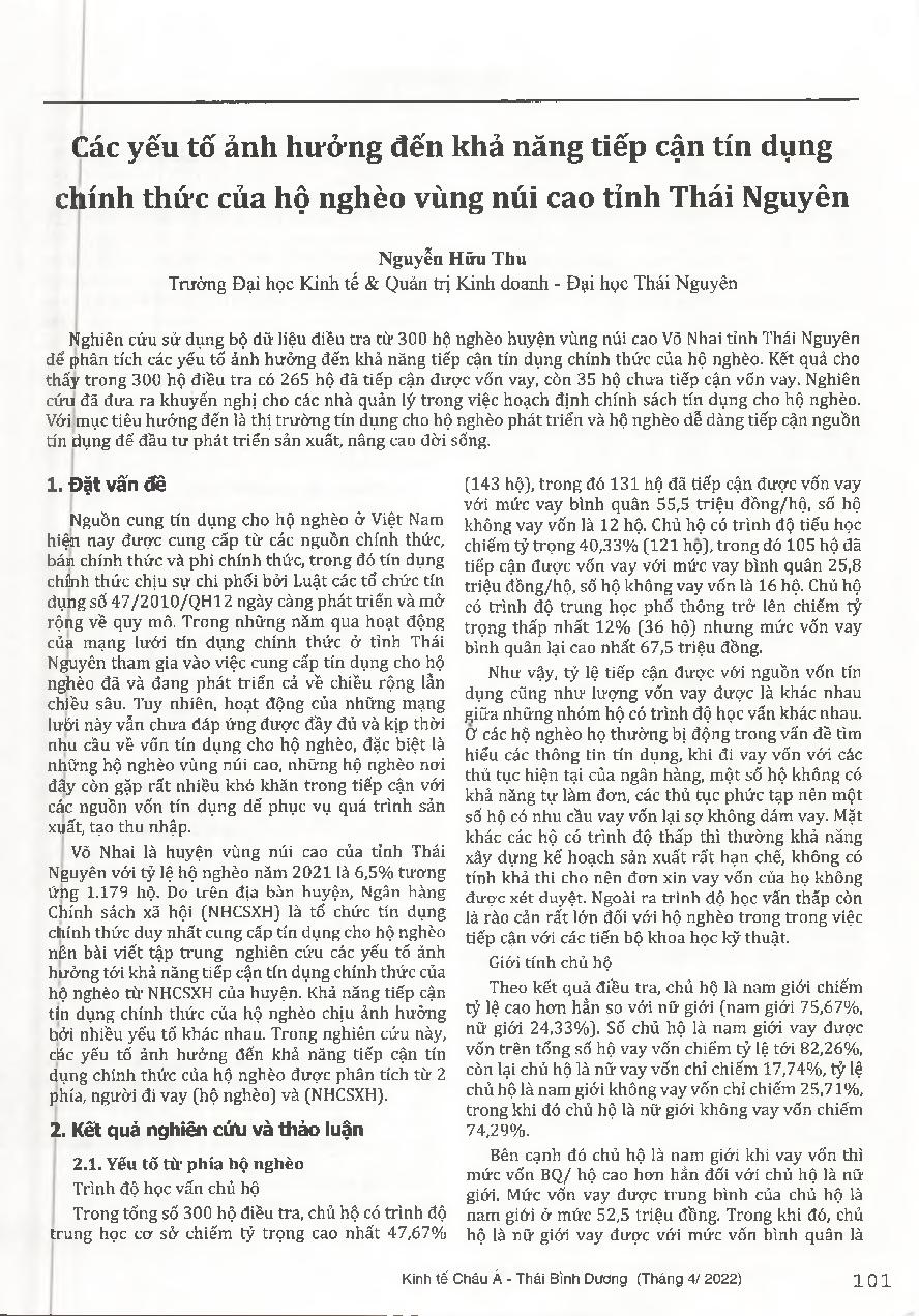 Các yếu tố ảnh hưởng đến khả năng tiếp cận tín dụng chính thức của hộ nghèo vùng núi cao tỉnh Thái Nguyên