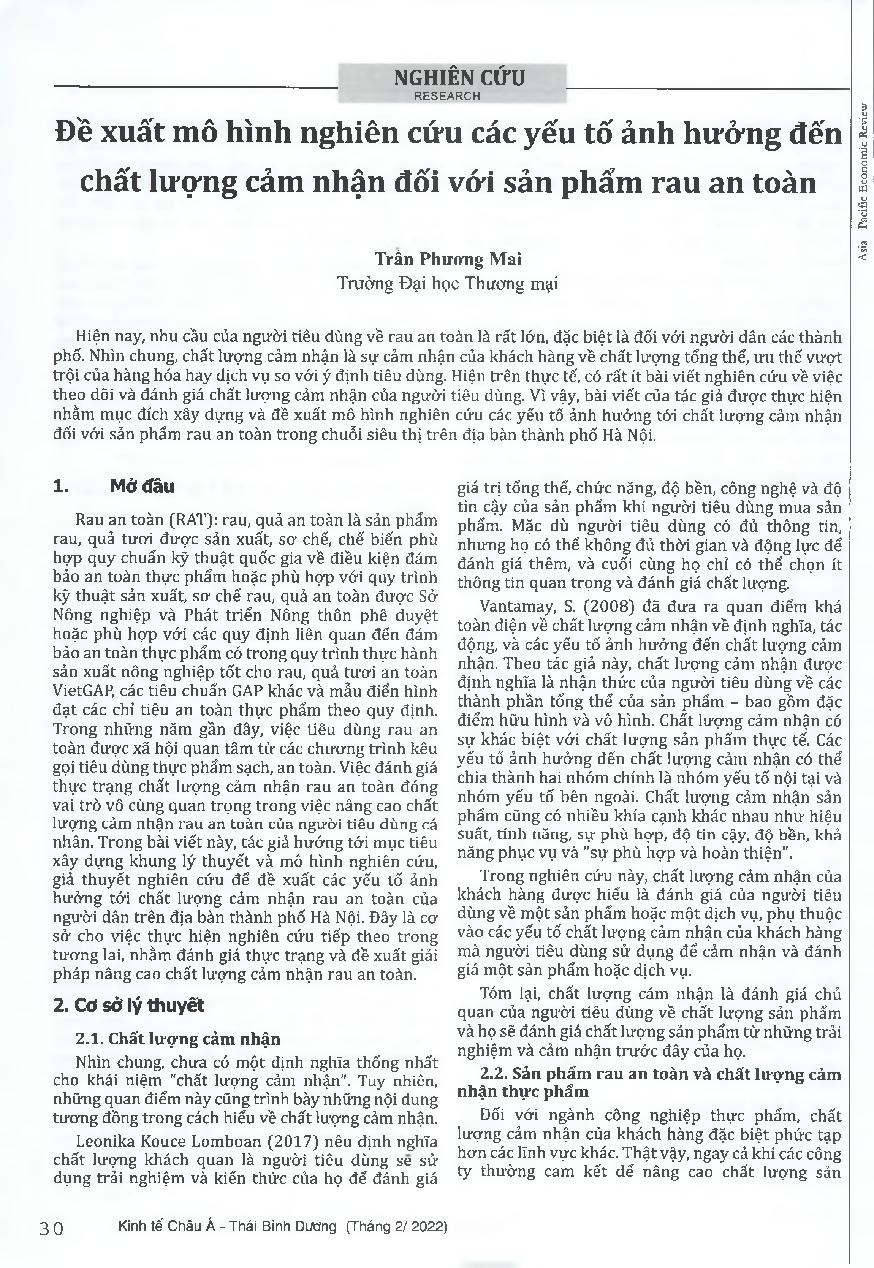 Đề xuất mô hình nghiên cứu các yếu tố ảnh hưởng đến chất lượng cảm nhận đối với sản phẩm rau an toàn