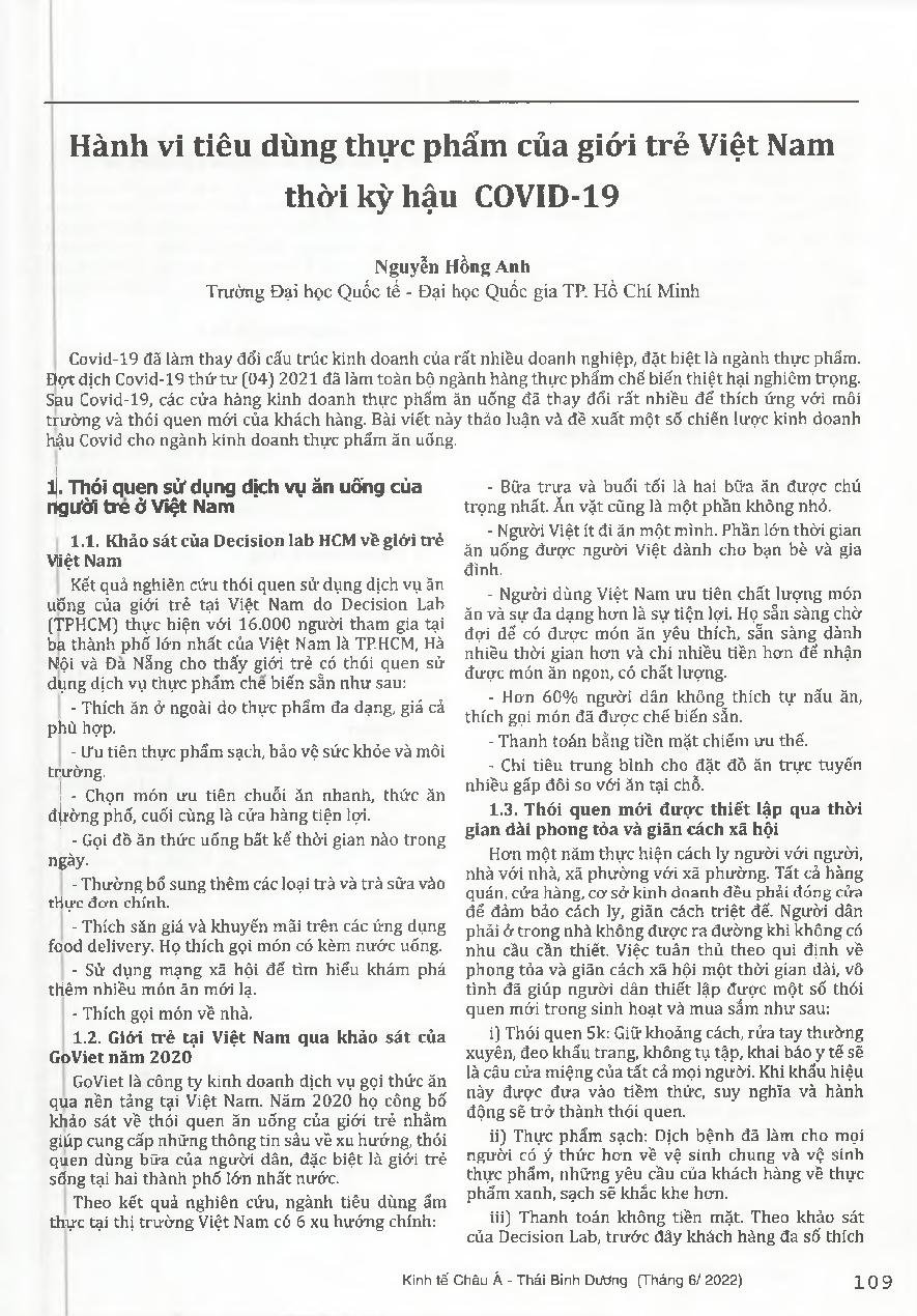 Hành vi tiêu dùng thực phẩm của giới trẻ Việt Nam thời kỳ hậu COVID-19