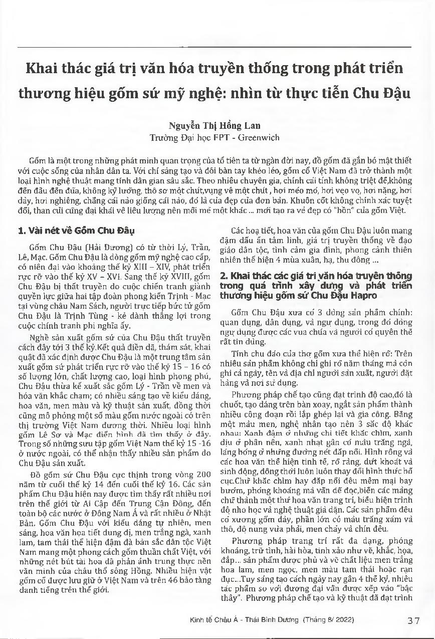 Khai thác giá trị văn hóa truyền thống trong phát triển thương hiệu gốm sứ mỹ nghệ: nhìn từ thực tiễn Chu Đậu