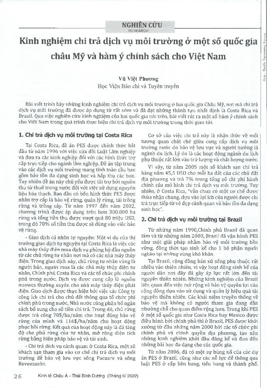 Kinh nghiệm chi trả dịch vụ môi trường ở một số quốc gia châu Mỹ và hàm ý chính sách cho Việt Nam