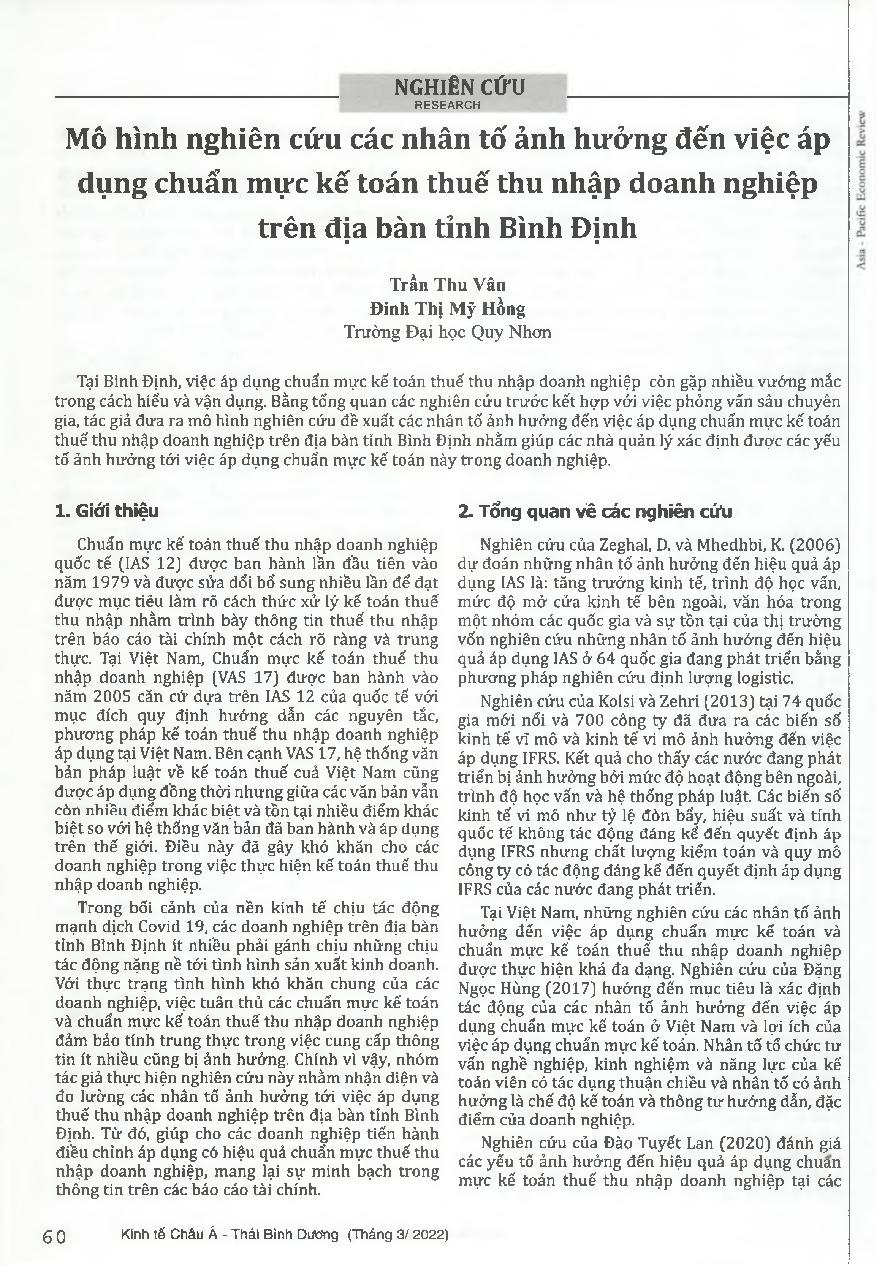 Mô hình nghiên cứu các nhân tố ảnh hưởng đến việc áp dụng chuẩn mực kế toán thuế thu nhập doanh nghiệp trên địa bàn tỉnh Bình Định