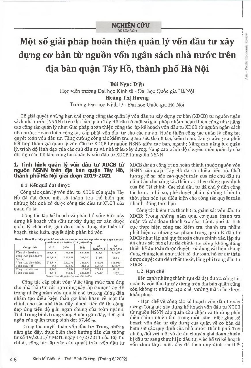 Một số giải pháp hoàn thiện quản lý vốn đầu tư xây dựng cơ bản từ nguồn vốn ngân sách nhà nước trên địa bàn quận Tây Hồ, thành phố Hà Nội