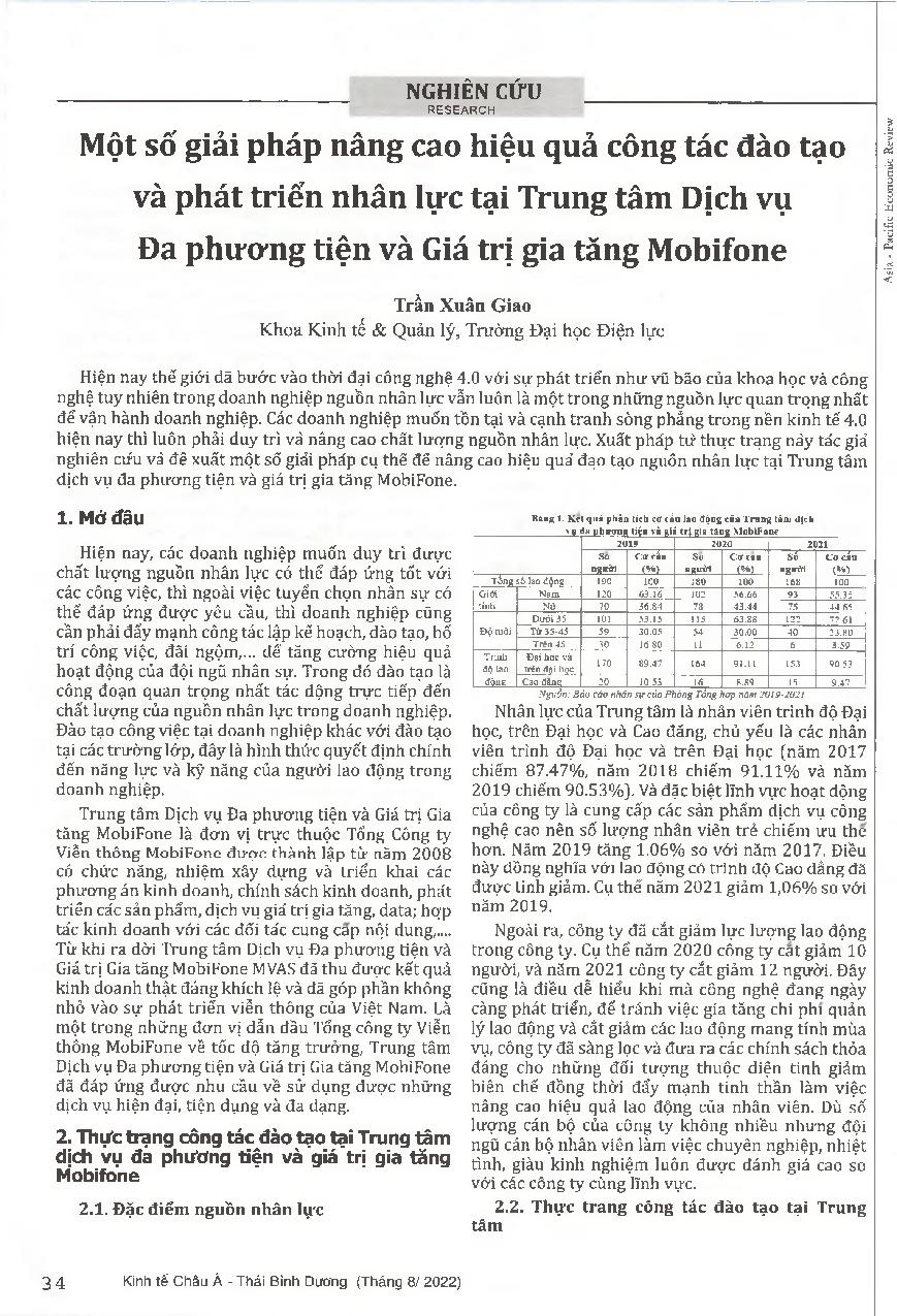 Một số giải pháp nâng cao hiệu quả công tác đào tạo và phát triển nhân lực tại Trung tâm Dịch vụ Đa phương tiện và Giá trị gia tăng Mobifone Asia - Pacific Economic Review