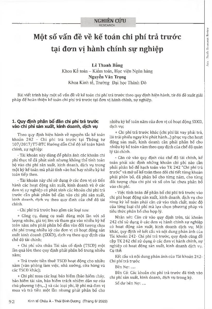 Một số vấn đề về kế toán chi phí trả trước tại đơn vị hành chính sự nghiệp