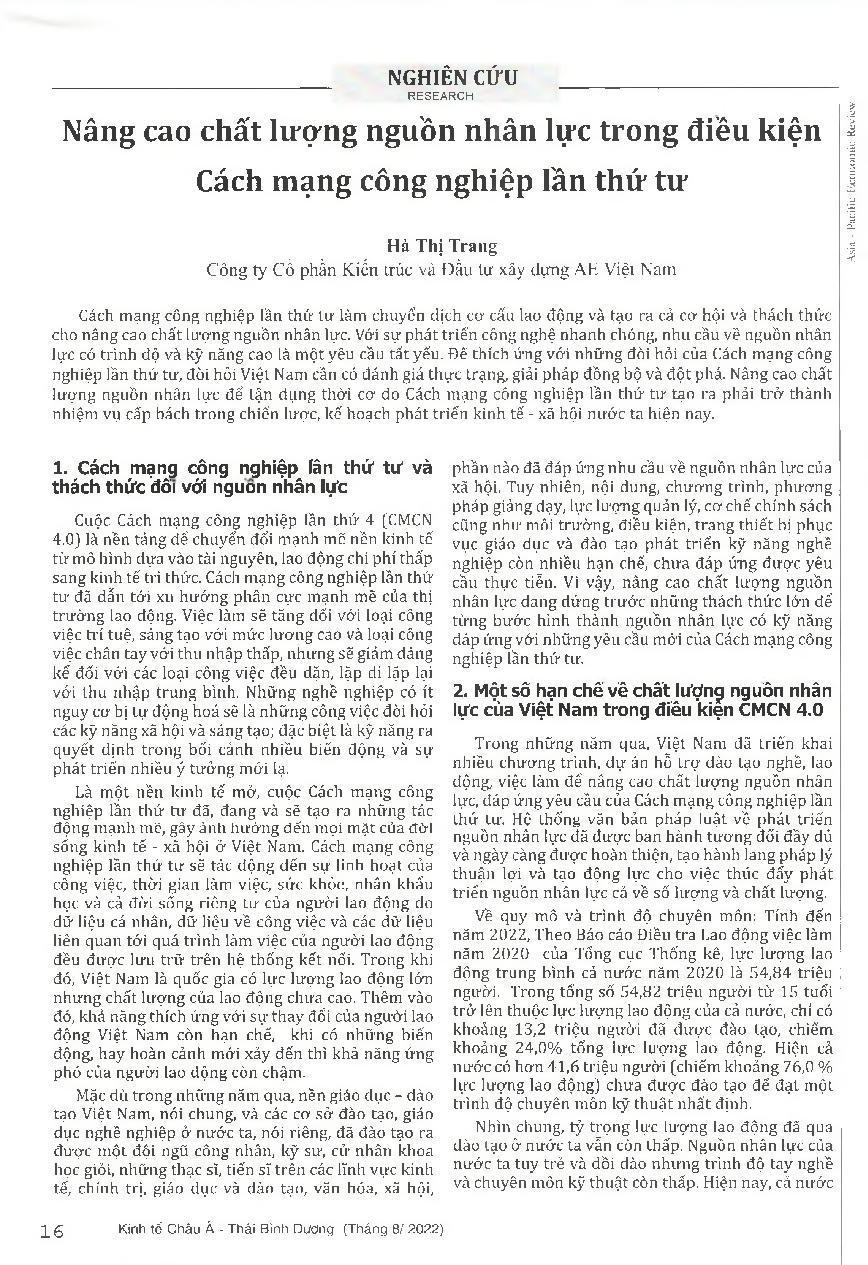 Nâng cao chất lượng nguồn nhân lực trong điều kiện Cách mạng công nghiệp lần thứ tư