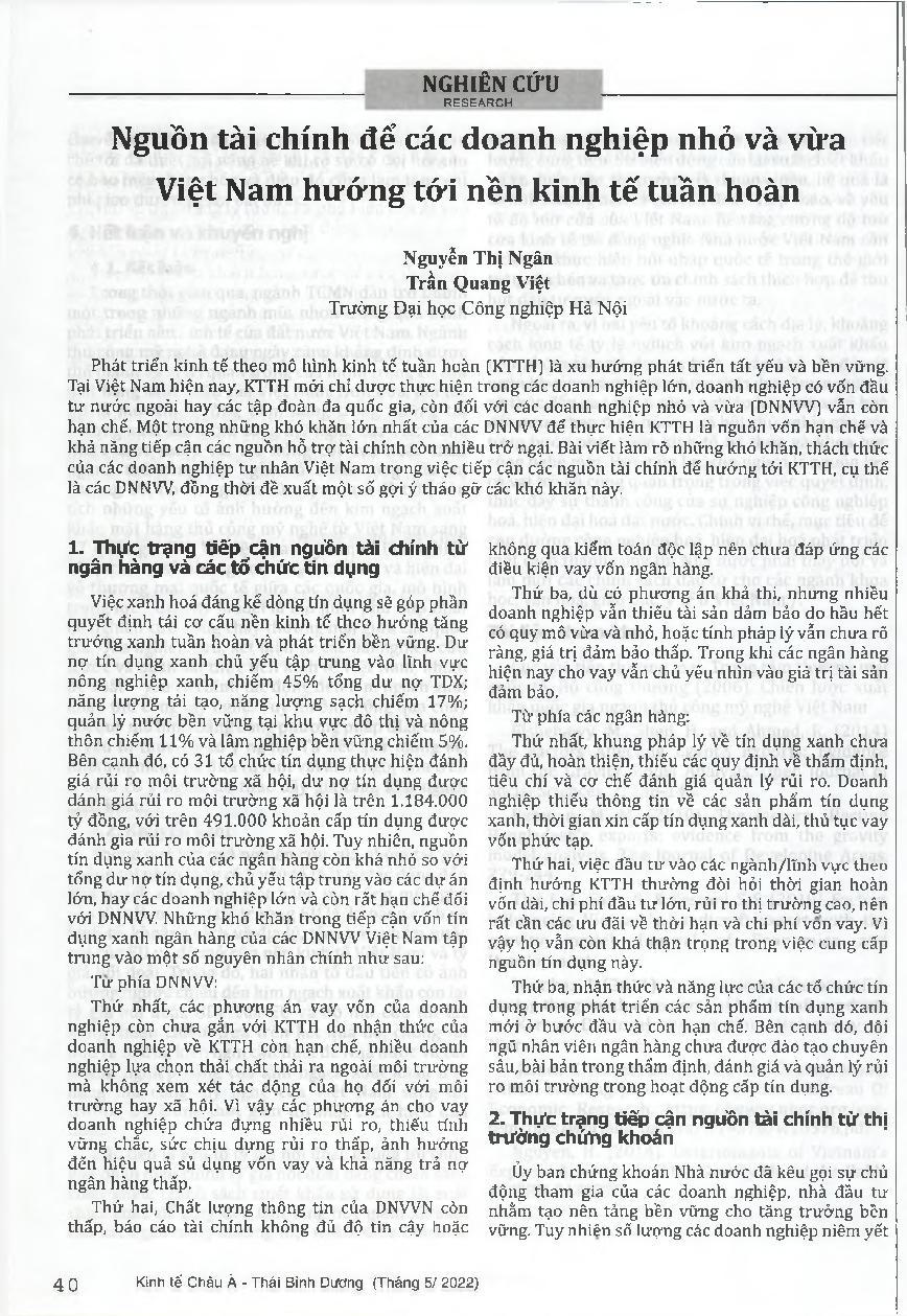 Nguồn tài chính để các doanh nghiệp nhỏ và vừa Việt Nam hướng tới nền kinh tế tuần hoàn