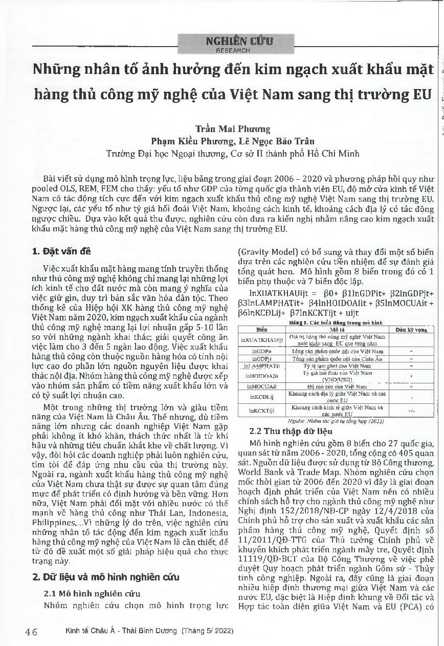 Những nhân tố ảnh hưởng đến kim ngạch xuất khẩu mặt hàng thủ công mỹ nghệ của Việt Nam sang thị trường EU