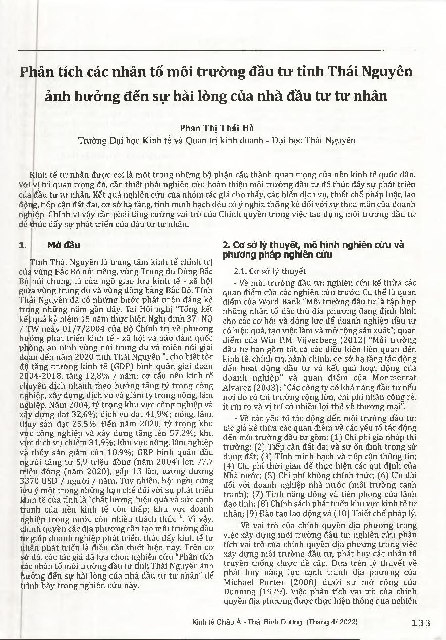 Phân tích các nhân tố môi trường đầu tư tỉnh Thái Nguyên ảnh hưởng đến sự hài lòng của nhà đầu tư tư nhân