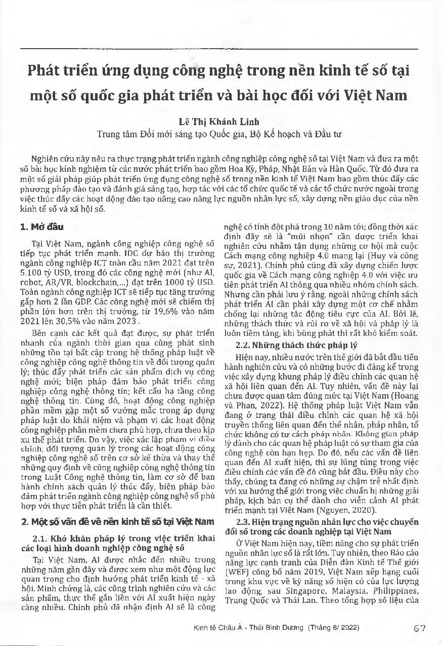 Phát triển ứng dụng công nghệ trong nền kinh tế số tại một số quốc gia phát triển và bài học đối với Việt Nam