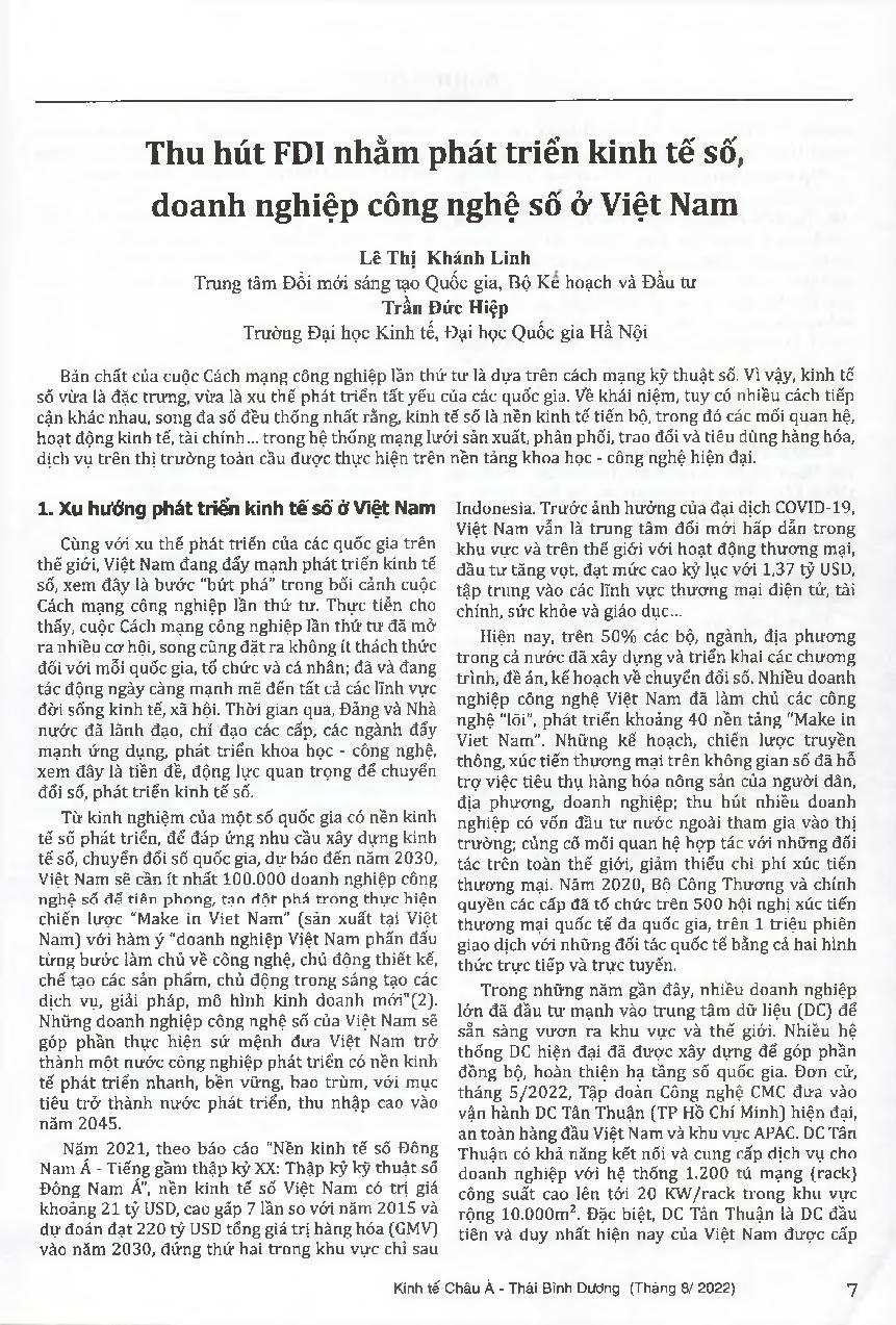 Thu hút FDI nhằm phát triển kinh tế số, doanh nghiệp công nghệ số ở Việt Nam