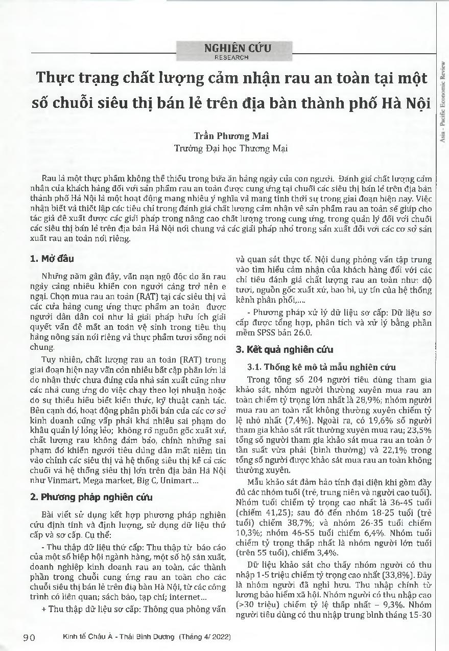 Thực trạng chất lượng cảm nhận rau an toàn tại một số chuỗi siêu thị bán lẻ trên địa bàn thành phố Hà Nội