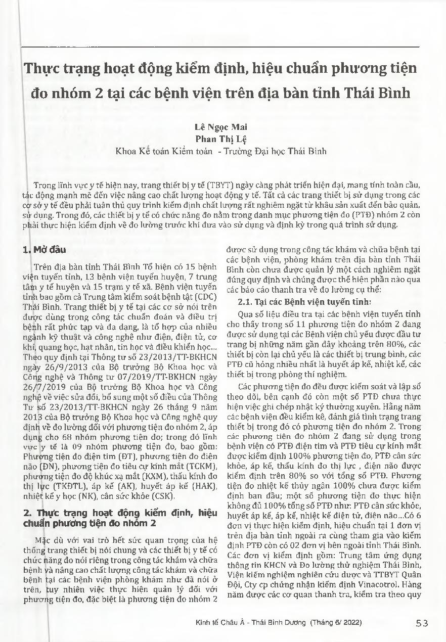 Thực trạng hoạt động kiểm định, hiệu chuẩn phương tiện đo nhóm 2 tại các bệnh viện trên địa bàn tỉnh Thái Bình