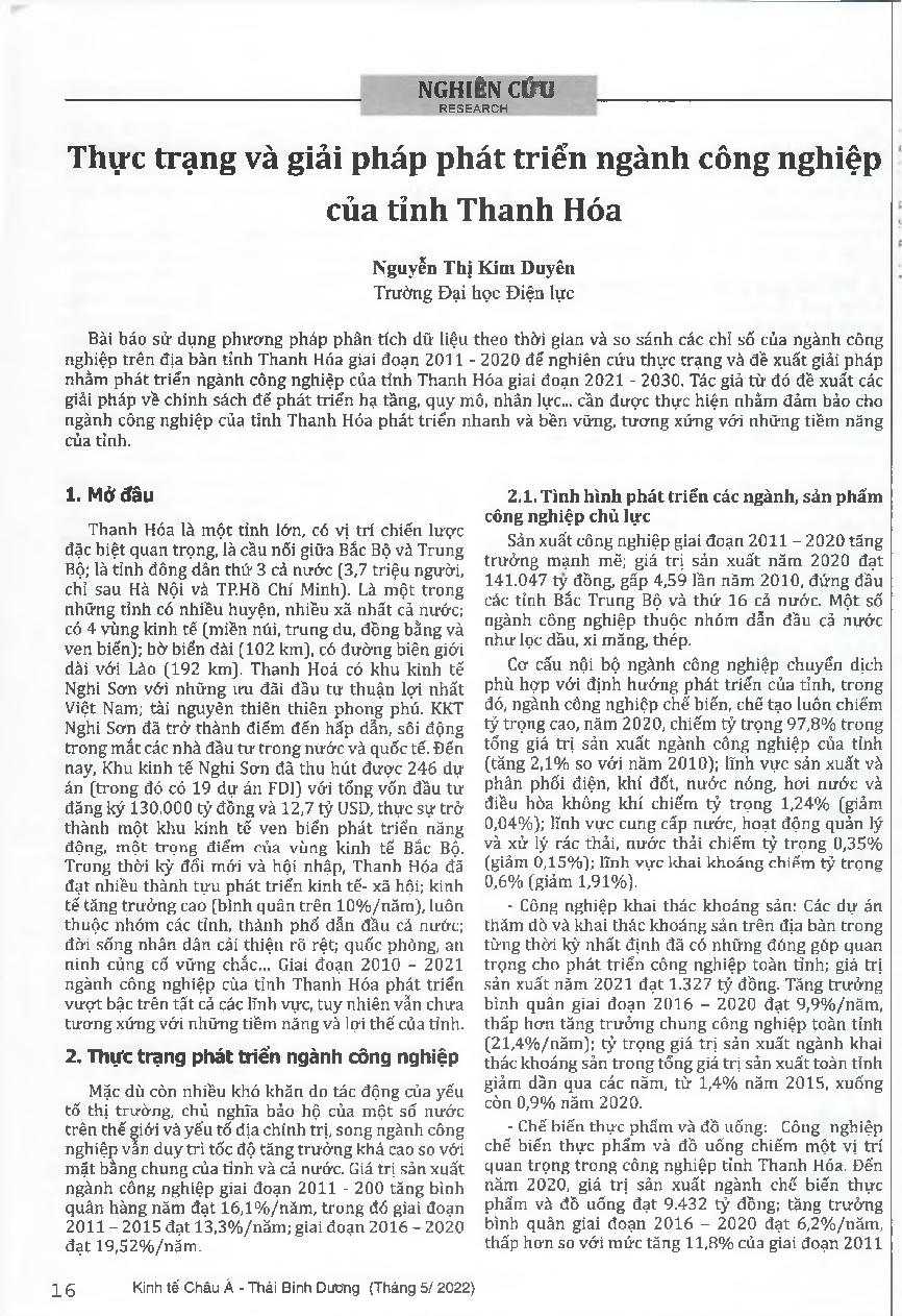 Thực trạng và giải pháp phát triển ngành công nghiệp của tỉnh Thanh Hóa