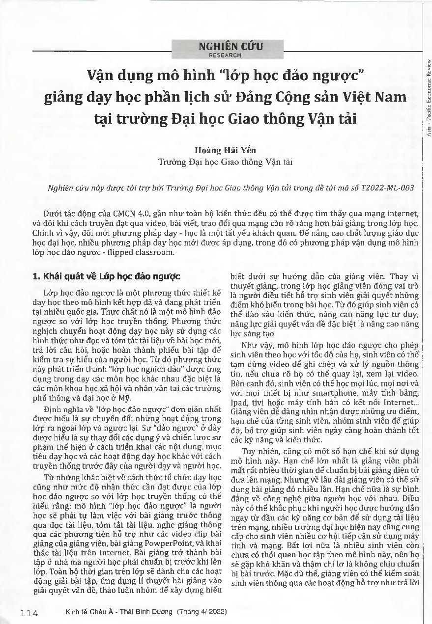 Vận dụng mô hình "lớp học đảo ngược" giảng dạy học phần lịch sử Đảng Cộng sản Việt Nam tại trường Đại học Giao thông Vận tải
