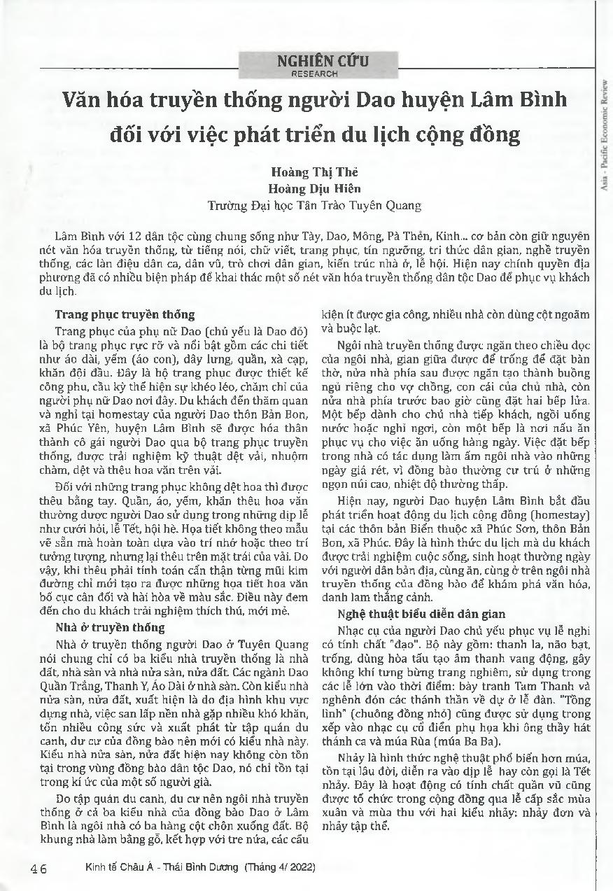 Văn hóa truyền thống người Dao huyện Lâm Bình đổi với việc phát triển du lịch cộng đồng