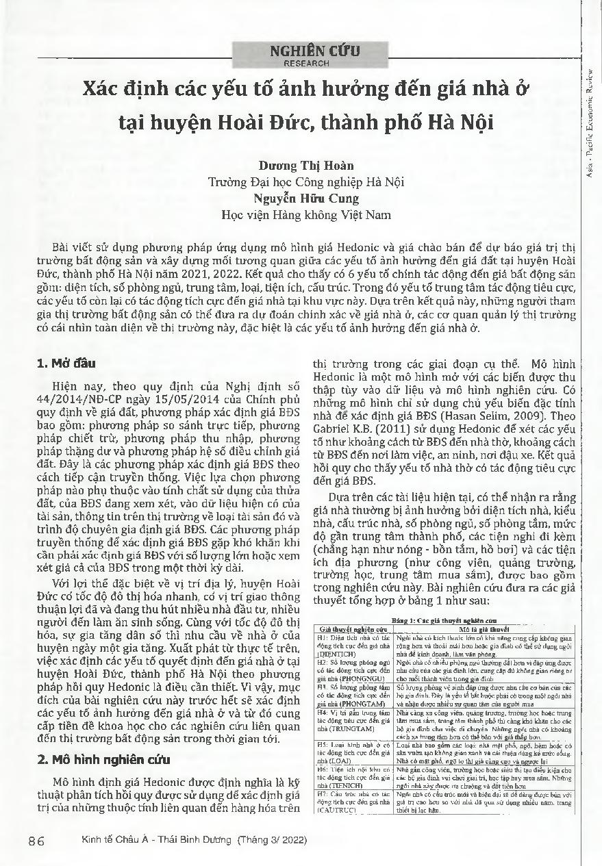 Xác định các yếu tố ảnh hưởng đến giá nhà ở tại huyện Hoài Đức, thành phố Hà Nội