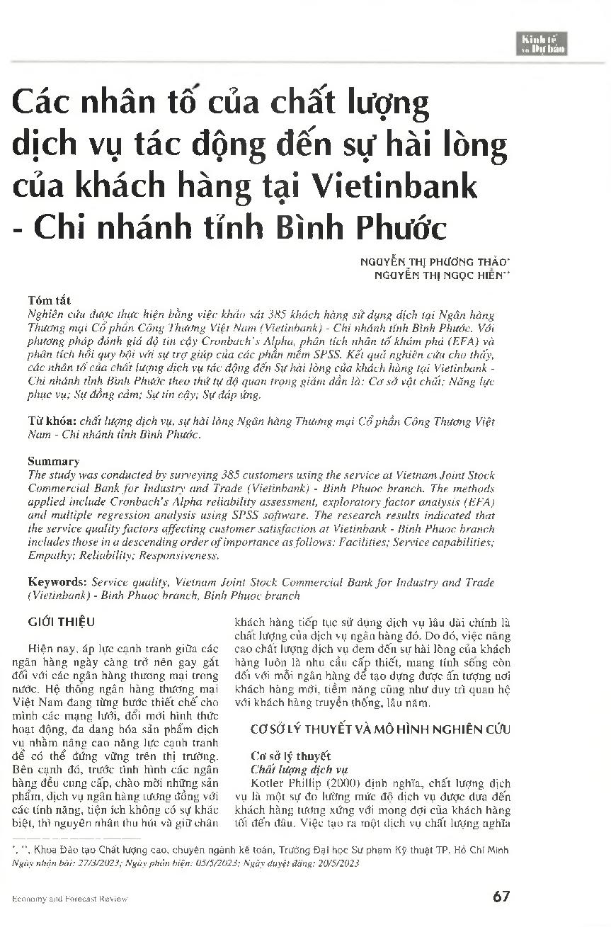 Các nhân tố của chất lượng dịch vụ tác động đến sự hài lòng của khách hàng tại Vietinbank - Chi nhánh tỉnh Bình Phước