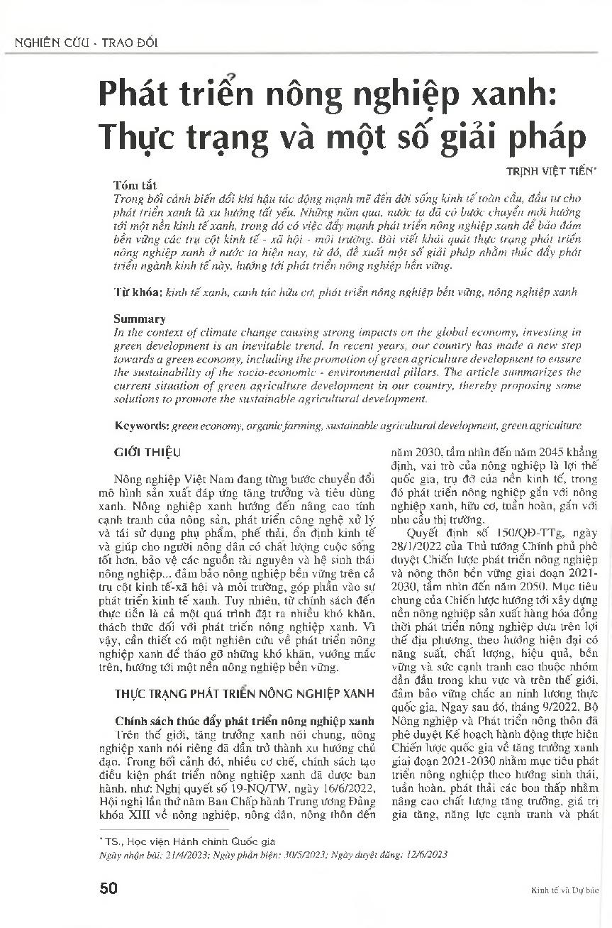 Phát triển nông nghiệp xanh: Thực trạng và một số giải pháp