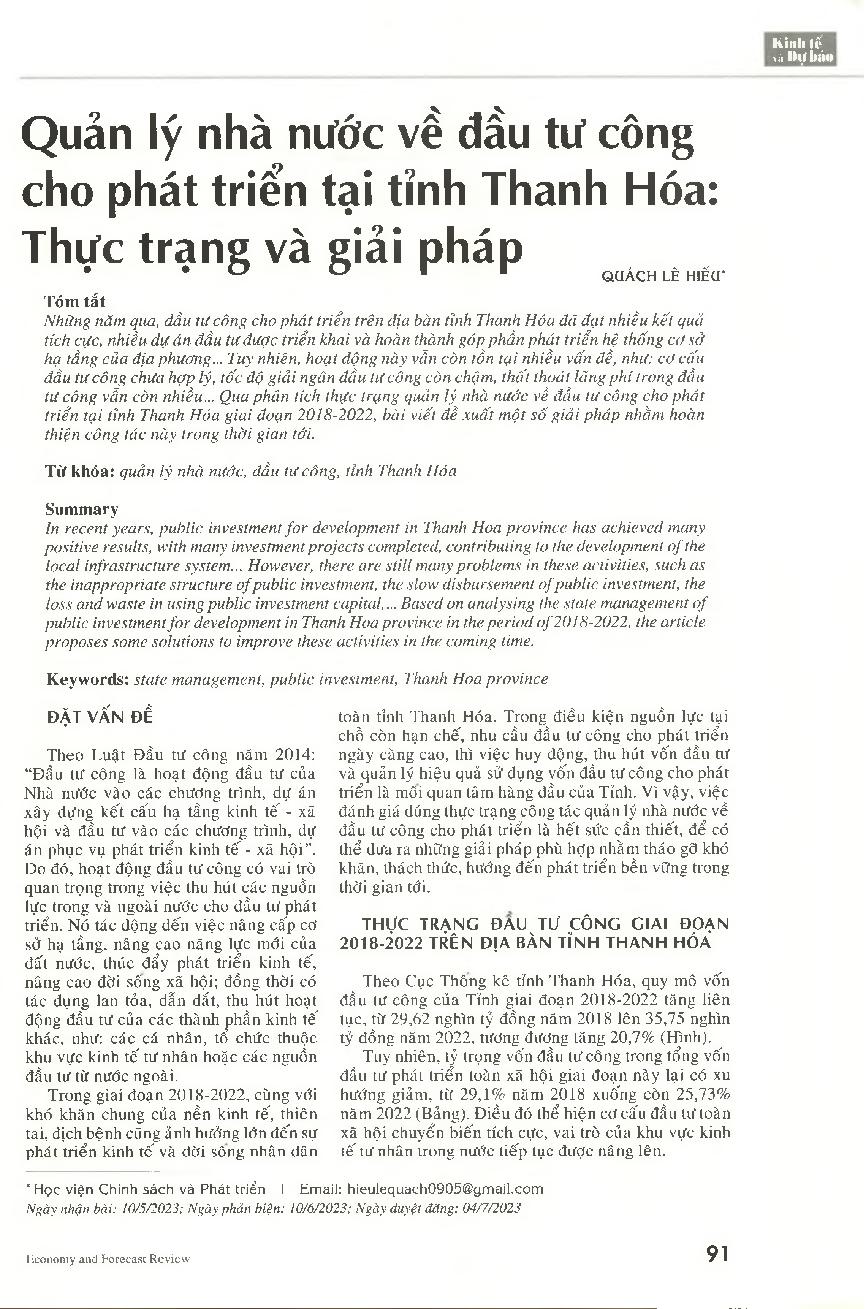 Quản lý nhà nước về đầu tư công cho phát triển tại tỉnh Thanh Hóa: Thực trạng và giải pháp