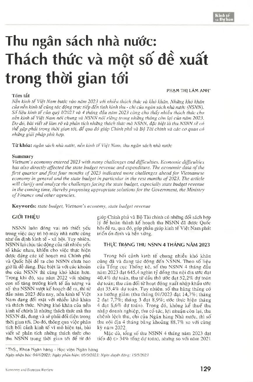 Thu ngân sách nhà nước: Thách thức và một số đề xuất trọng thời gian tới
