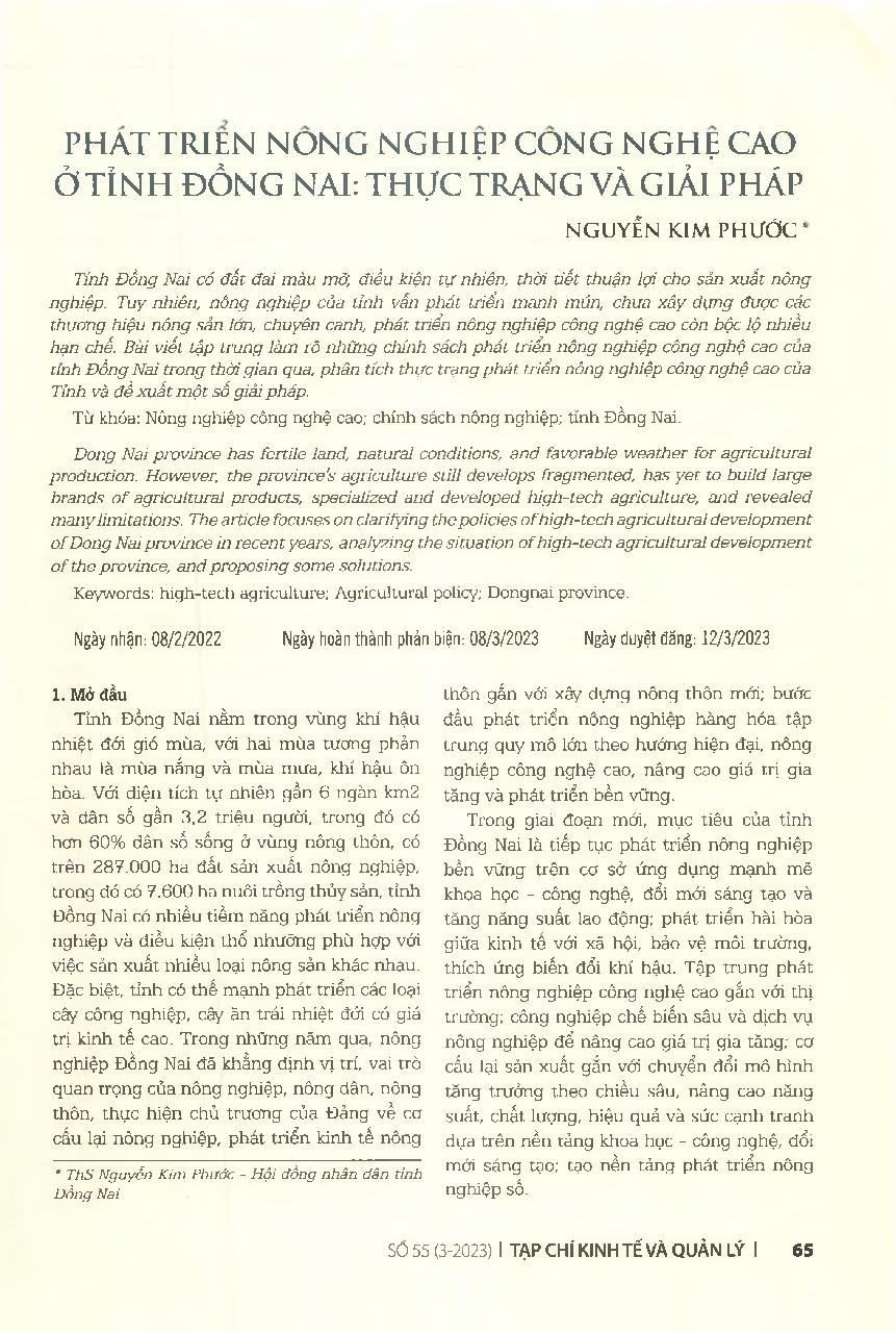 Phát triển nông nghiệp công nghệ cao ở tỉnh Đồng Nai: Thực trạng và giải pháp