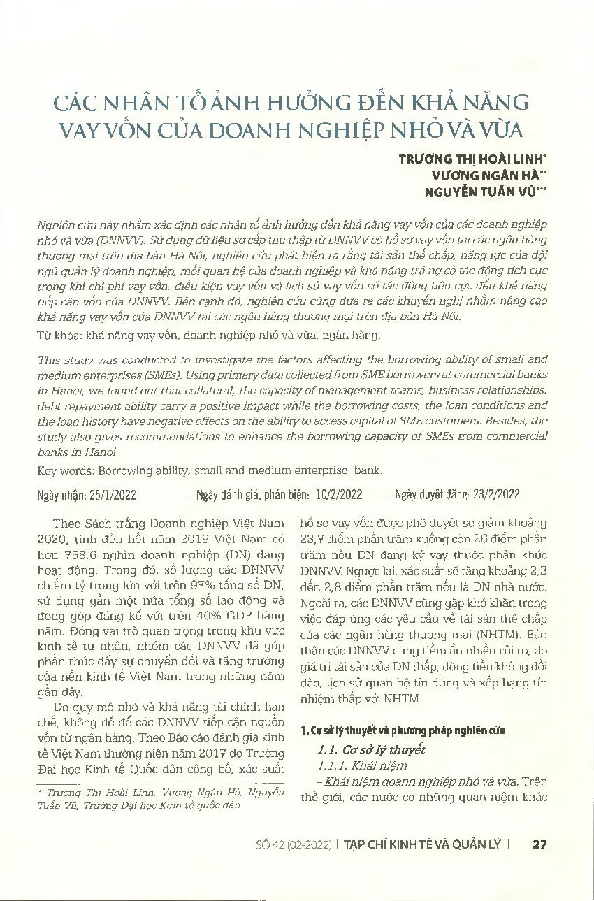 Các nhân tố ảnh hưởng đến khả năng vay vốn của doanh nghiệp nhỏ và vừa = Factors affecting the borrowing ability of small and medium enterprises