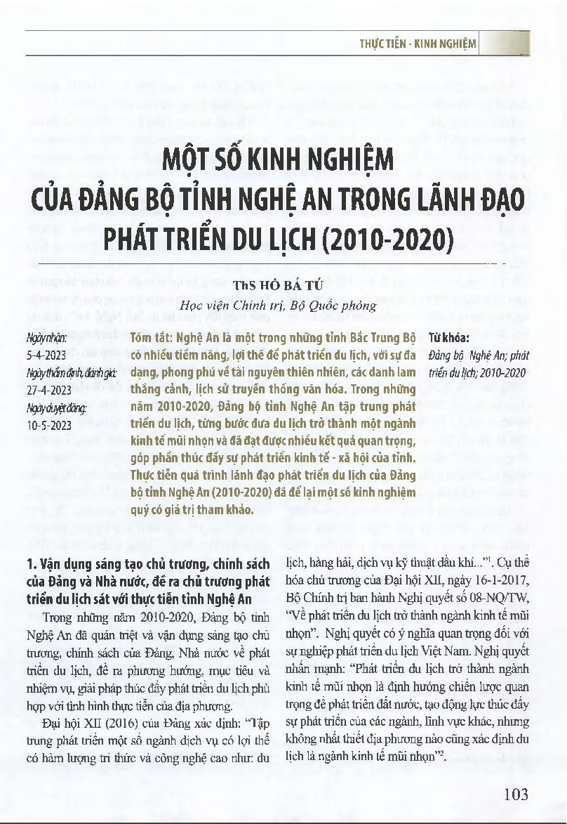 Một số kinh nghiệm của Đảng bộ tỉnh Nghệ An trong lãnh đạo phát triển du lịch (2010-2020)