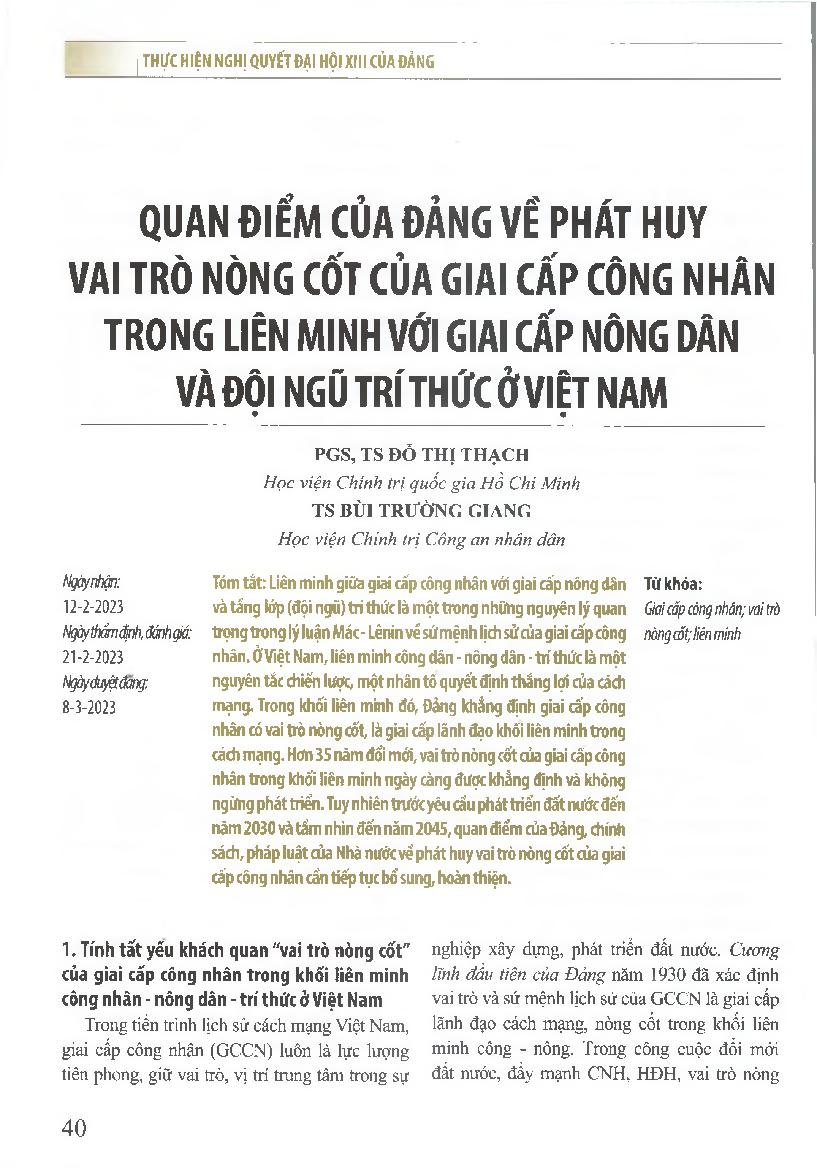 Quan điểm của đảng về phát huy vai trò nòng cốt của giai cấp công nhân trong liên minh với giai cấp nông dân và đội ngũ trí thức ở Việt Nam
