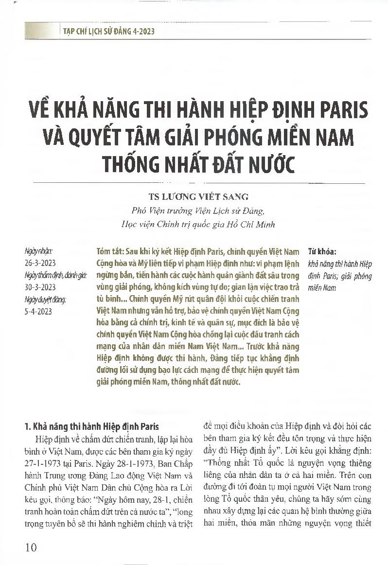 Về khả năng thi hành Hiệp định Paris và quyết tâm giải phóng miền Nam thống nhất đất nước