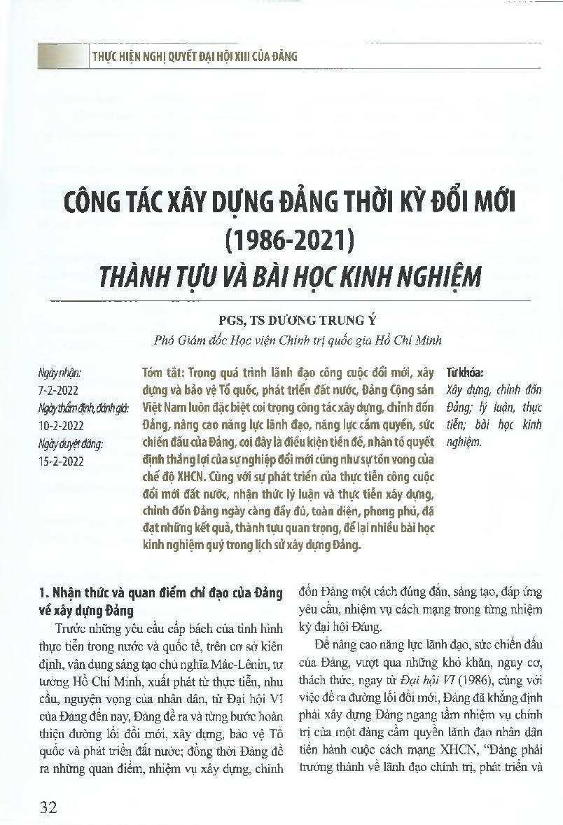 Công tắc xây dựng đảng thời kỳ đổi mới (1986-2021) thành tựu và bài học kinh nghiệm